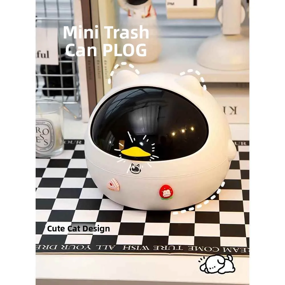 

Cute Desktop Trash Can Office Living Room Table Small Bag High View Bedroom Wardrobe Plastic Slide Cover round Shape Bin