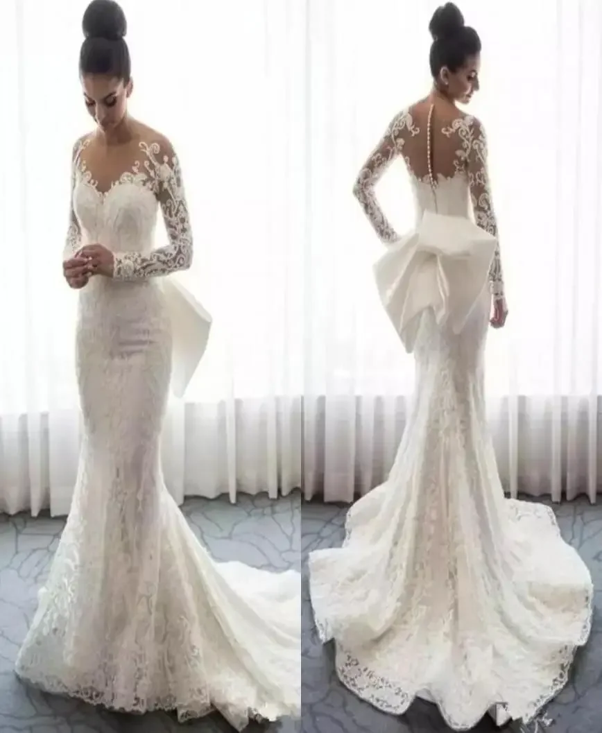 

Customized Lace Mermaid Wedding Dresses Sheer Neck Long Sleeves Appliques Saudi Arabic Gowns Attachable Train Bridal
