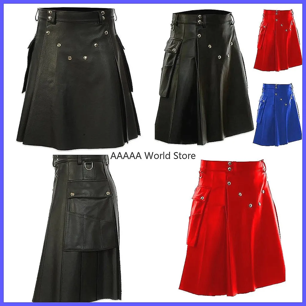 

Faux Leather Kilt for Men - Cargo Pocket Pleated Skirt, Festival & Party Wear, Multicolor