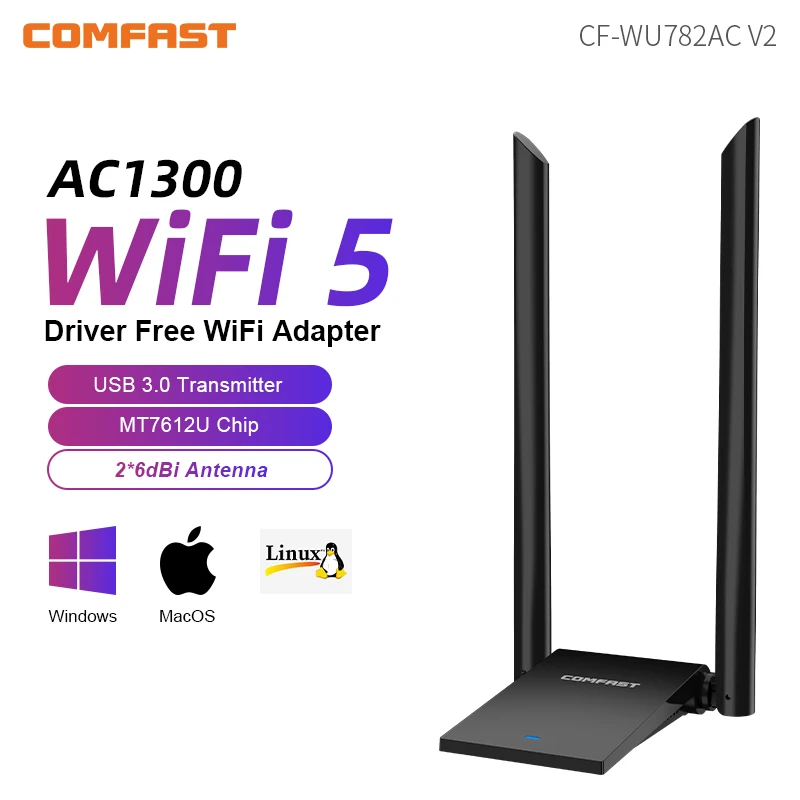

COMFAST 1300Mbps USB3.0 WiFi Adapter MT7612U 2.4G&5GHz Network Card 2*6dBi Antenna Adaptador WiFi 1.2M Cable Kali Linux Windows