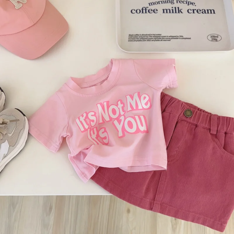 

insSummer Children's Clothing GirlsTT-shirt Short Sleeve Little Girl Short Skirt Pink Contrast Color Top Western Style Suit95063