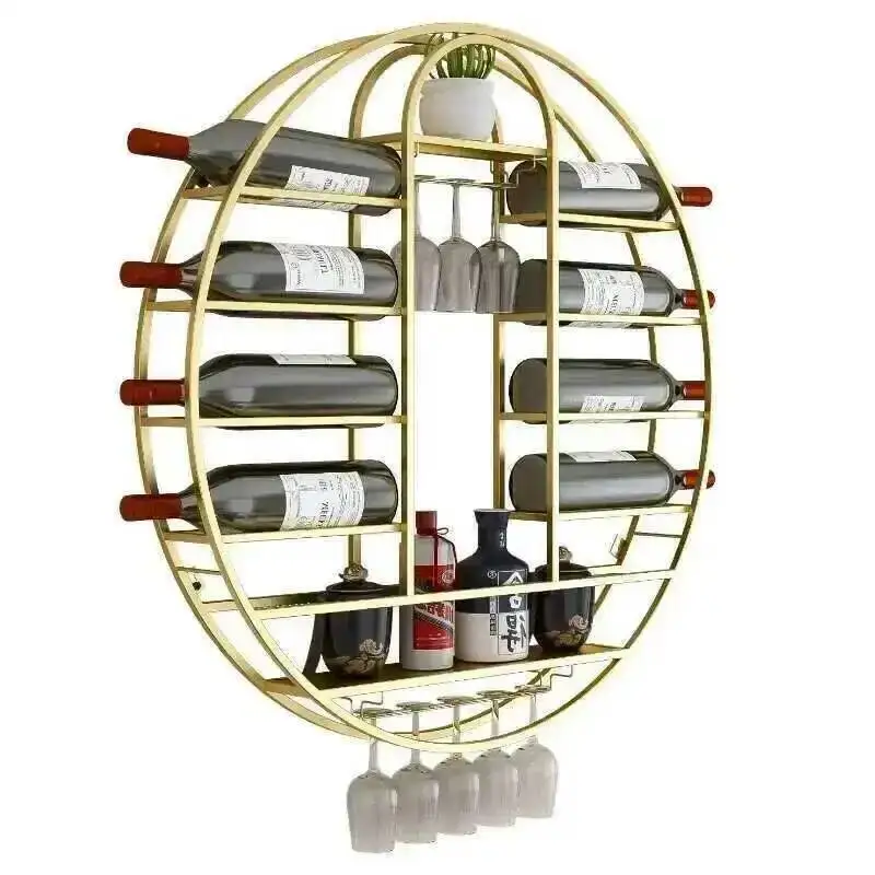 

Nordic Round Wall-mounted Wine Rack Home Storage Rack with Wine Glass Holder Modern Bar Furniture Luxury Gold Iron Wine Cabinets