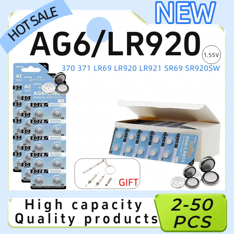 2-50PCS AG6 1.55V Alkaline Button Battery LR920 SR920SW 371 SR69 L921 Coin Cell For Watch Toys Calculators