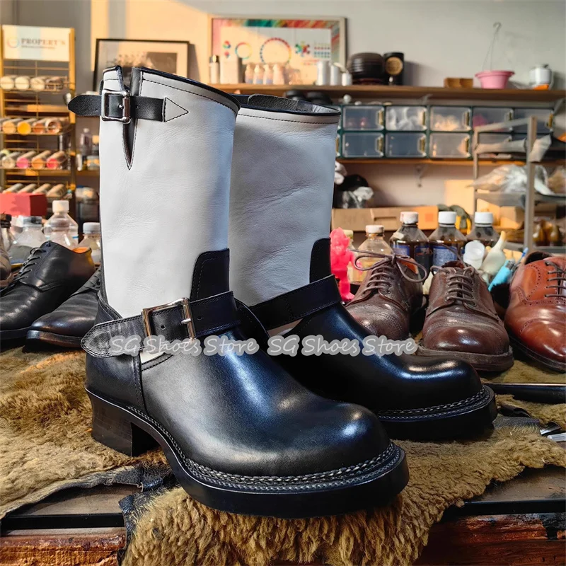 

Balck and White Mixed Color Western Cowboys Boots for Men British Style Belt Buckle Chunky Heel Male Motorcycle Boots