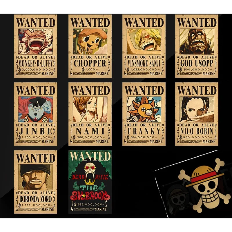 Anime One Piece Figures Luffy Wanted Vintage Posters for Room Wall Decoration Cartoons Zoro Wanted Painting Stickers Toys Gift