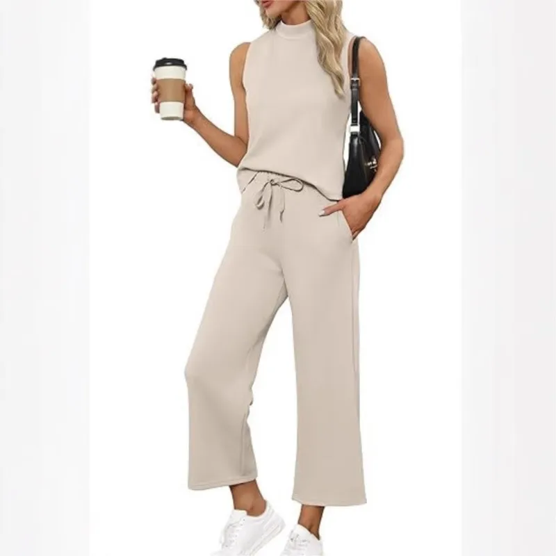

Elegant Temperament Women 2 Piece Sets 2025 Summer New Sleeveless Tops And Elastic Waist Lace-up Casual Pants Set Solid Outfits