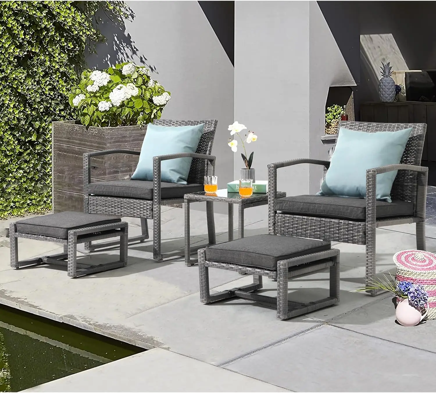 Patiorama 5 Piece Outdoor Patio Wicker Furniture Set, All Weather Grey PE Rattan Chair and Ottoman Footstool Set,