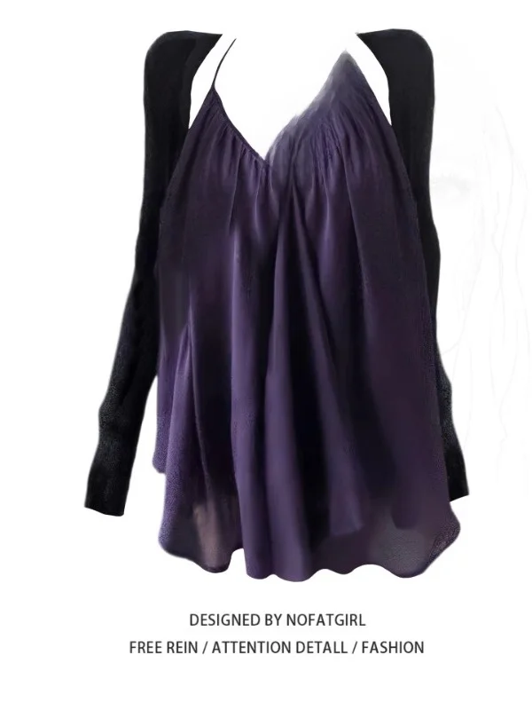 

plus Size Women's Purple Vintage Slimming Strap Top Cardigan Outerwear Two-Piece Set Casual Style V-Neck Long Sleeve Autumn