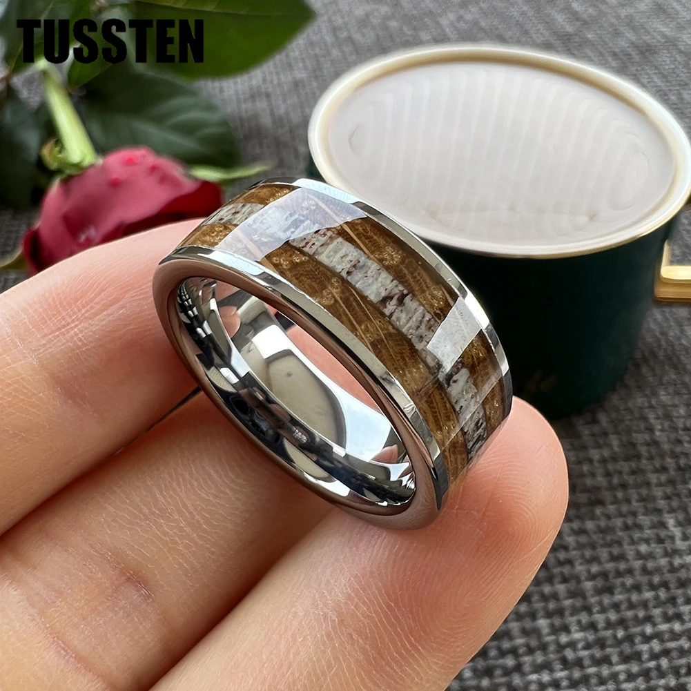 TUSSTEN 8mm Antler Whisky Barrel Wood Inlay Silver Tungsten Ring for Men Women Fashion Wedding Band Comfort Fit