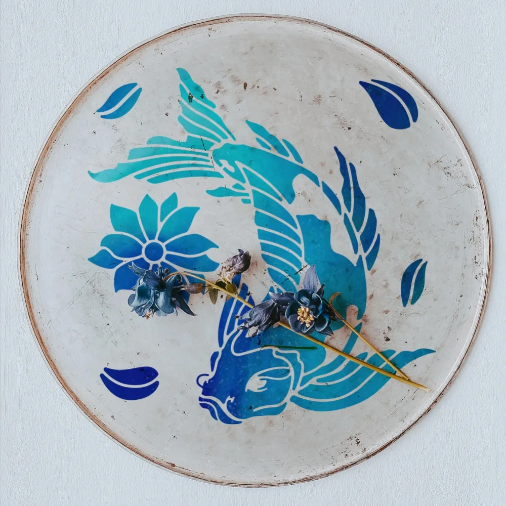 1pcs Lotus and Koi Painting Stencil Reusable PET  Templates DIY Art Craft Wall Cut Stencils for Painting