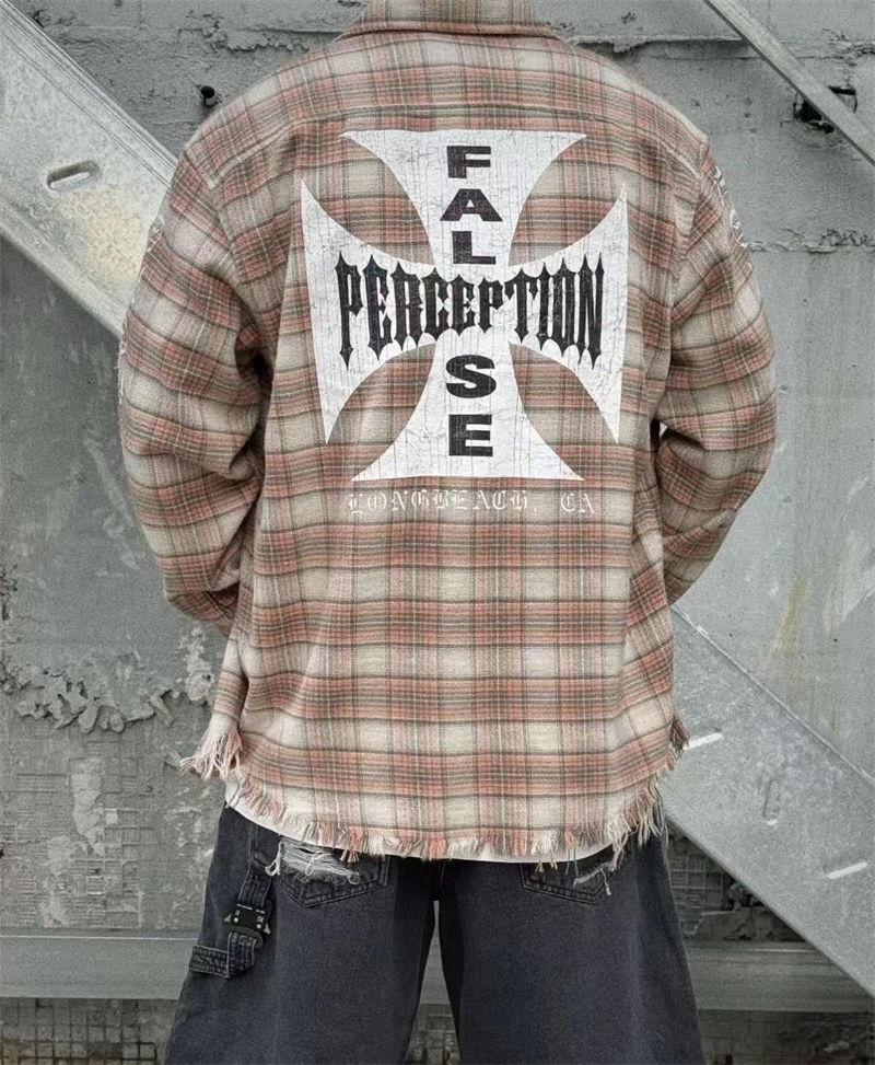 

False Percep 25SS Cracked Cross Logo Print High Street Washed Damaged Corner Design Checkered Shirt Casual Loose Men's Top