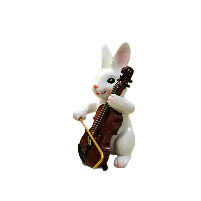 Rabbit Playing Violin Figurine Bunny Cello Player Ornament Musician Statue Fairy Garden Patio Home Decor Sculpture