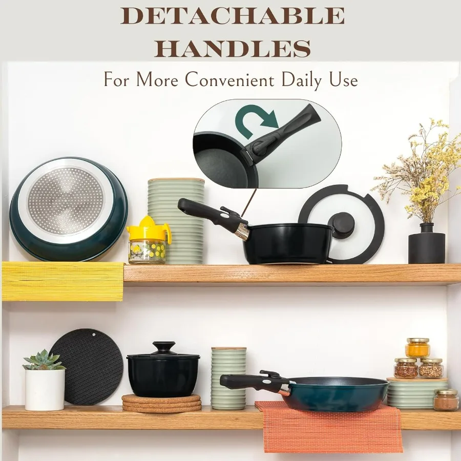 10 قطعة الأواني السوداء والمقالي مجموعة غير عصا تجهيزات المطابخ مجموعات انفصال مقبض للتخييم في الهواء الطلق RV المطبخ استخدام مقبض قابل للإزالة Des