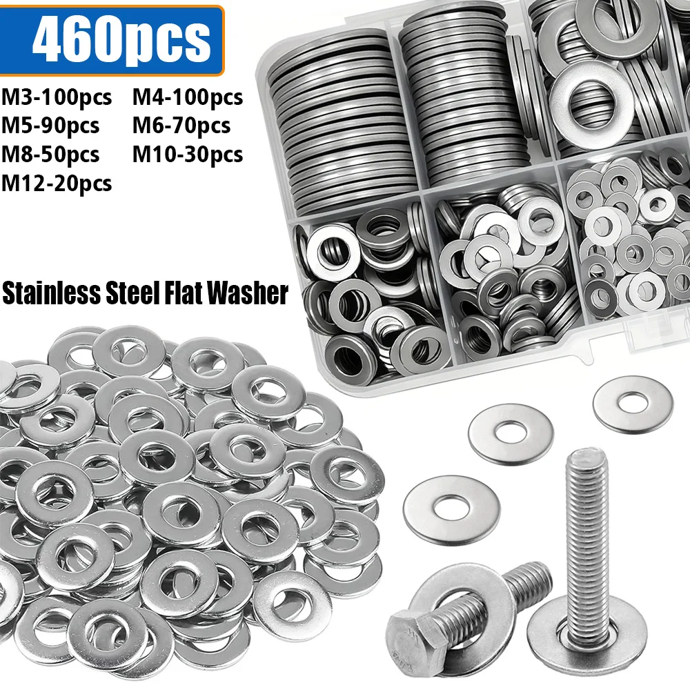 460-Piece Stainless Steel Flat Washer Set, M3, M4, M5, M6, M8, M10, M12, for Home Maintenance and Industrial Applications.