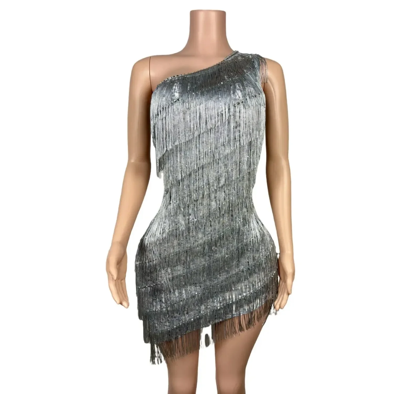 

Luxury Tassels Mini Sheath Dress Women Sexy One Shoulder Birthday Evening Party Performance Costume Nightclub Stage Wear Silver