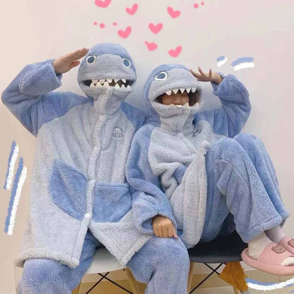 Shark Costume Blue Flannel Pajamas Set With Pants Unisex Women Men Nightgown Two Pieces Set Warm Coral Fleece Sleepwear PJS Set