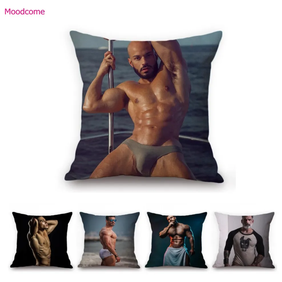 Sexy Shirtless Man Muscle Body Builder Well Toned Body Shape Model Hunk Guy Cotton Linen Sofa Pillow Case Hormone Cushion Cover