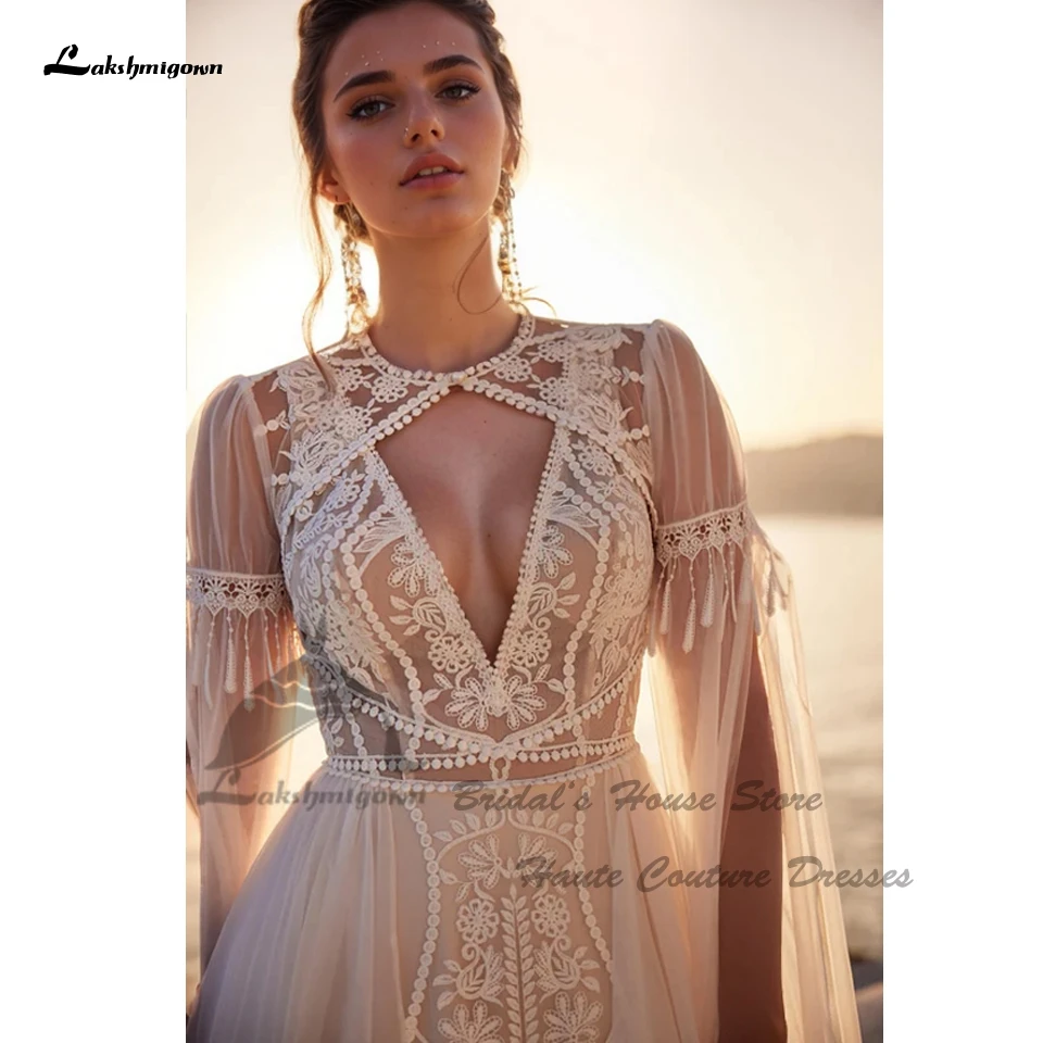 Lakshmigown Luxuriöse Spitzen-Boho-Hochzeitskleider 2026 Vestidos Civil Flare Langarm Strand-Brautkleider mit tiefem V-Ausschnitt, maßgeschneidert – Detail 3
