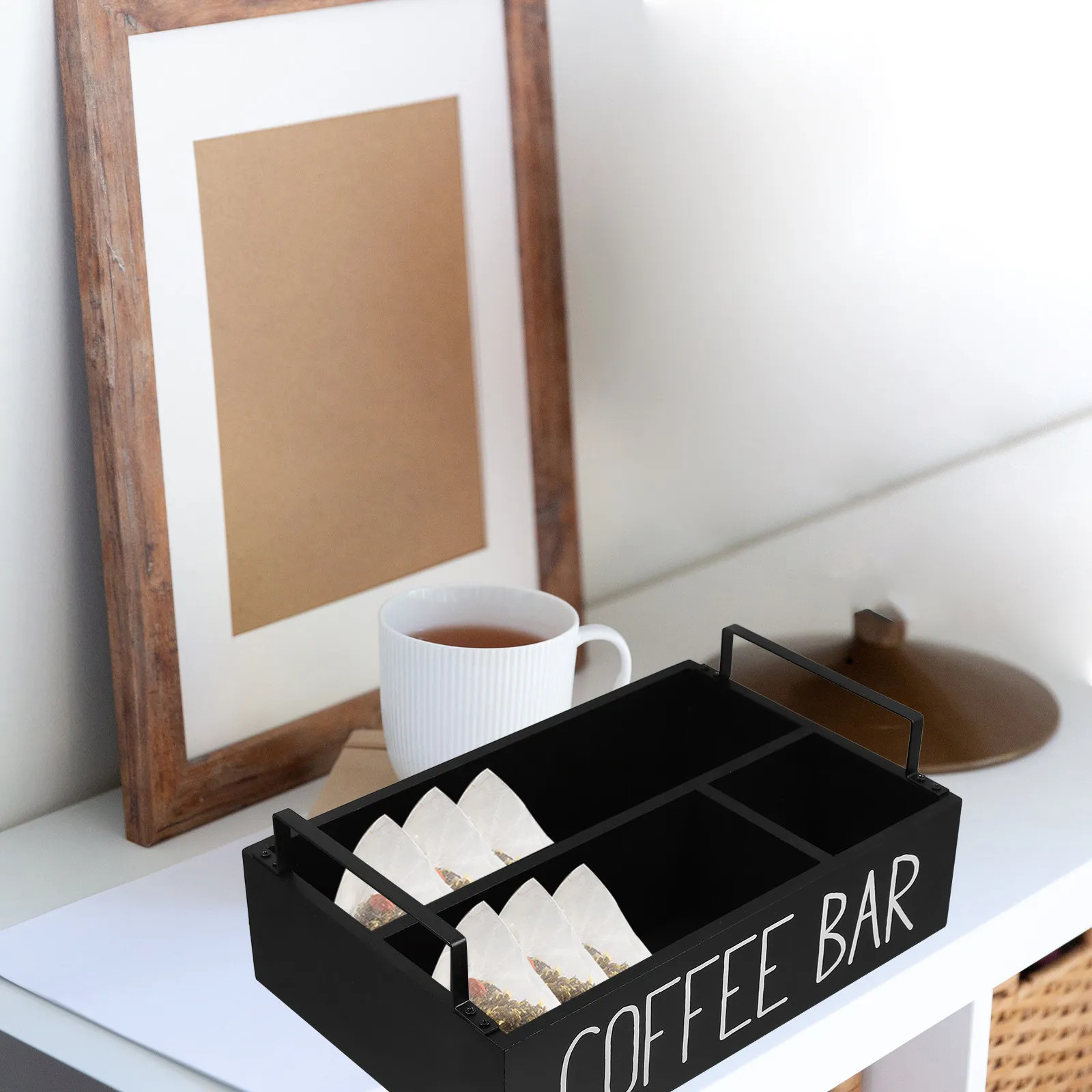 Wooden Tea Storage Organizer Box Multi-Compartment Design Tea Bag Coffee Sugar Packet Holder Countertop Desk Small Wooden