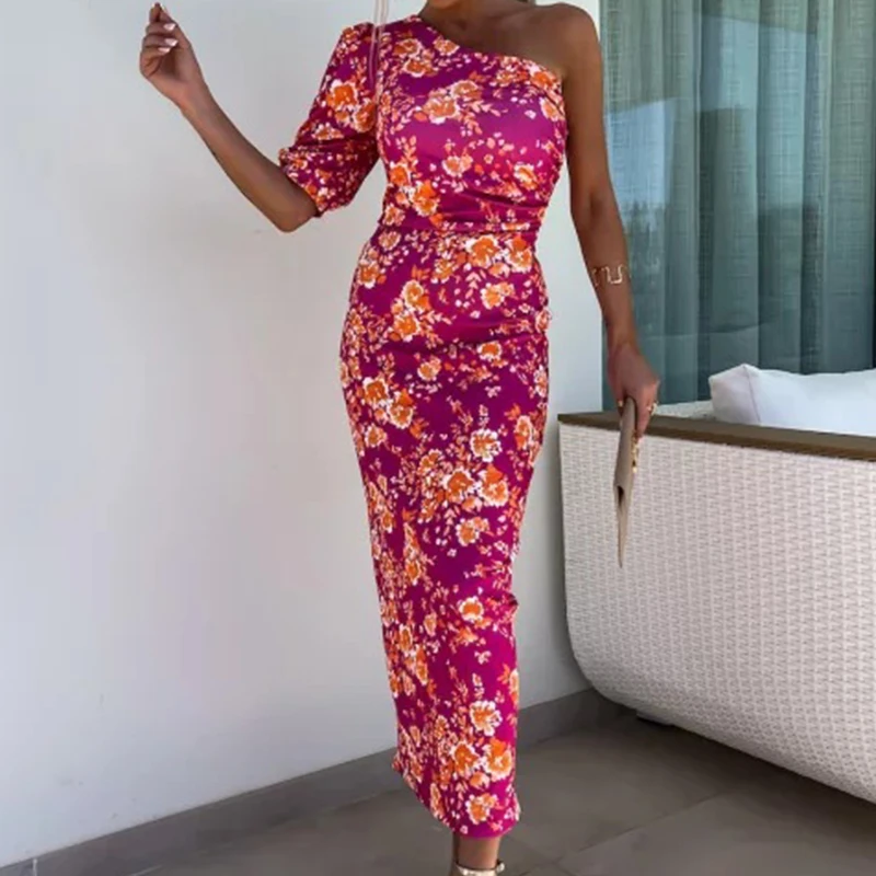 Elegant Floral Print Diagonal Collar Bohe Dress Sexy Off Shoulder Split Waist Slim Long Dress Women Fashion Bodycon Party Dress