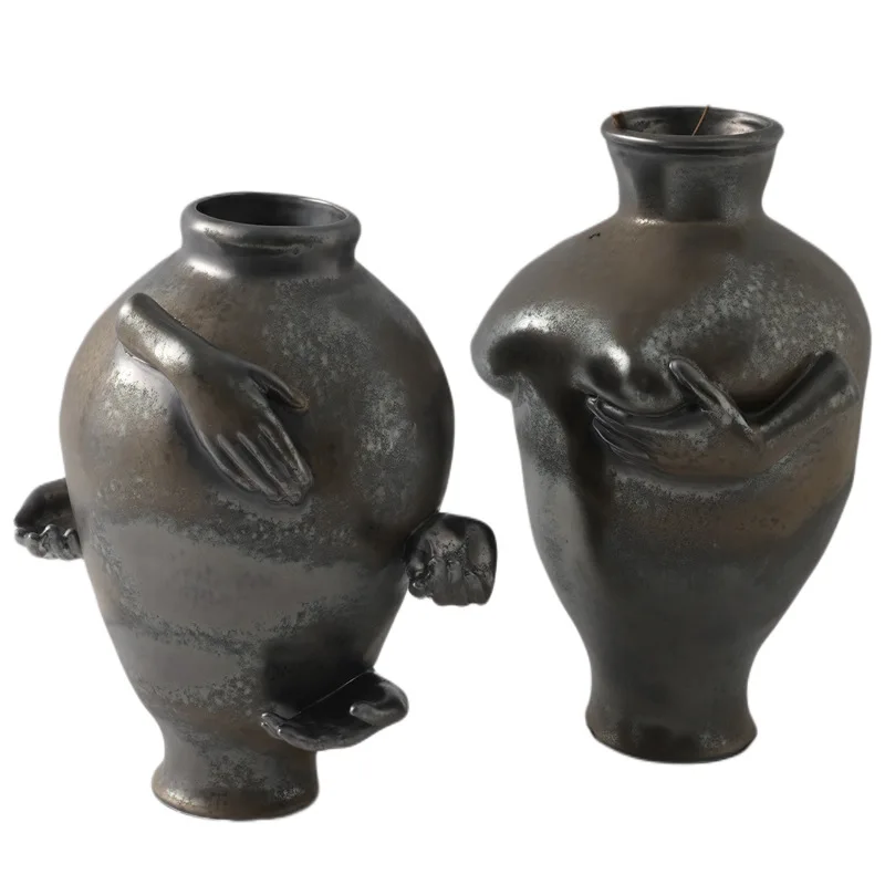 

New Chinese Creative Ancient Metallic Ceramic Vase Ornament Art Flower Ware Combination Atmospheric Display Ornament