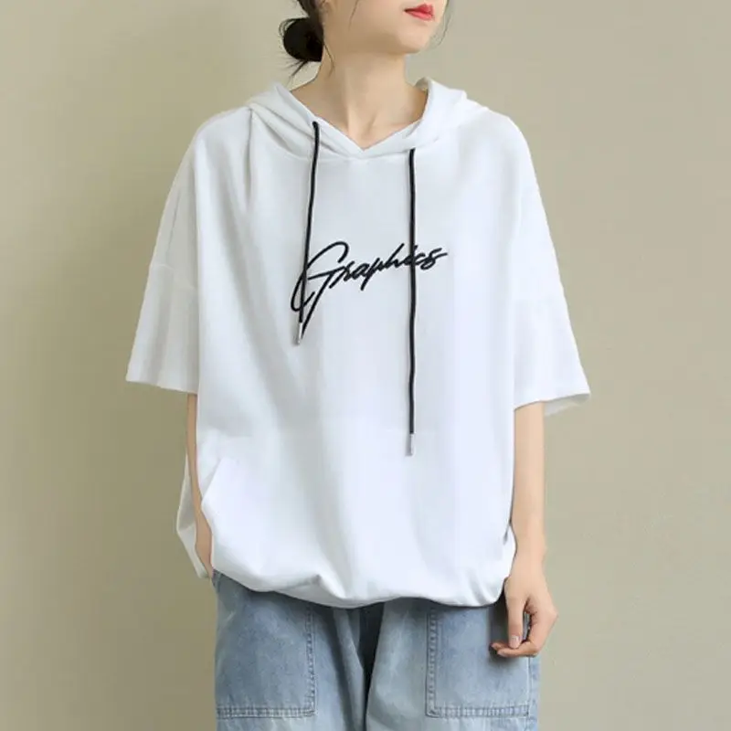 100% Cotton T Shirts Women Short-sleeved Embroidery Hooded T-shirt Summer Korean Style Loose Oversized Tops Fashion Trend Tshirt