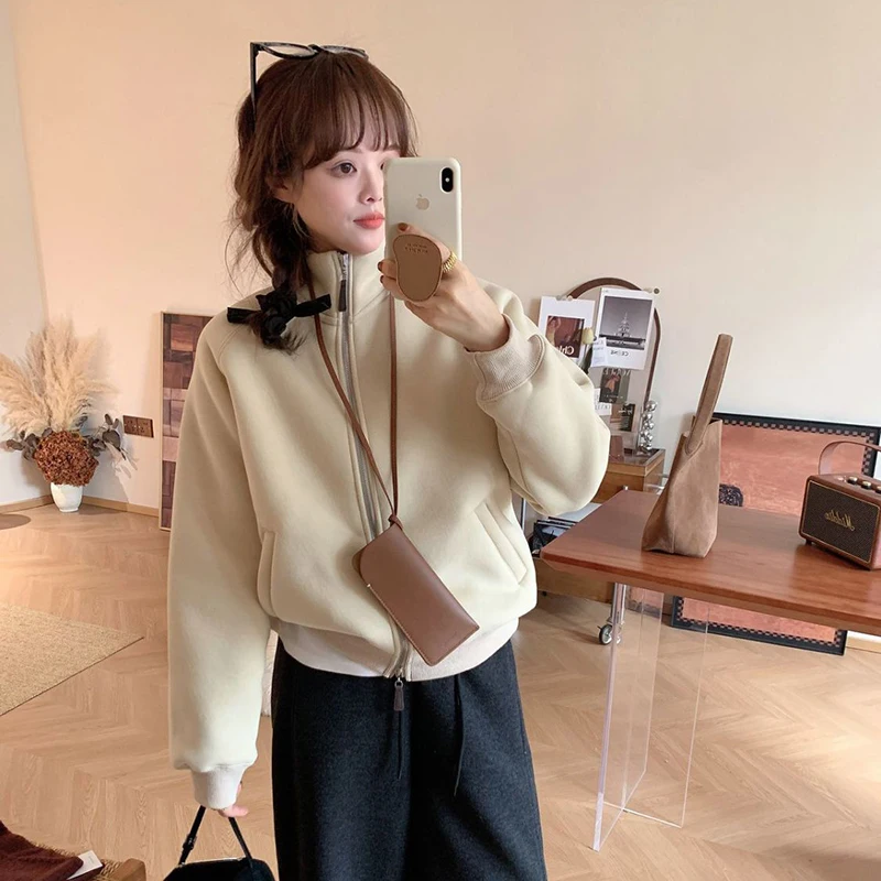 Inverno Nuovo Casual Thiened Fce Felpa Calda Thi Capispalla Doppia Cerniera Con Cappuccio Colletto alla coreana Cappotto Faionable da donna...