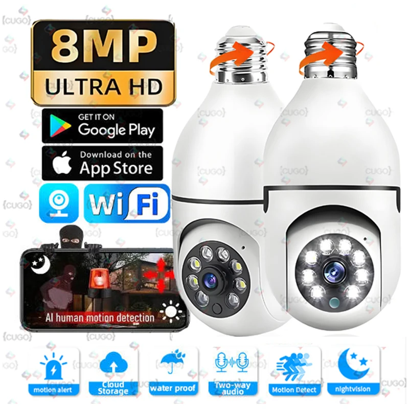 Câmera de Segurança com Lâmpada E27 8MP HD, Câmera IP PTZ com Visão Noturna Colorida, Rastreamento Humano AI, Câmera WIFI com Zoom Digital 10X