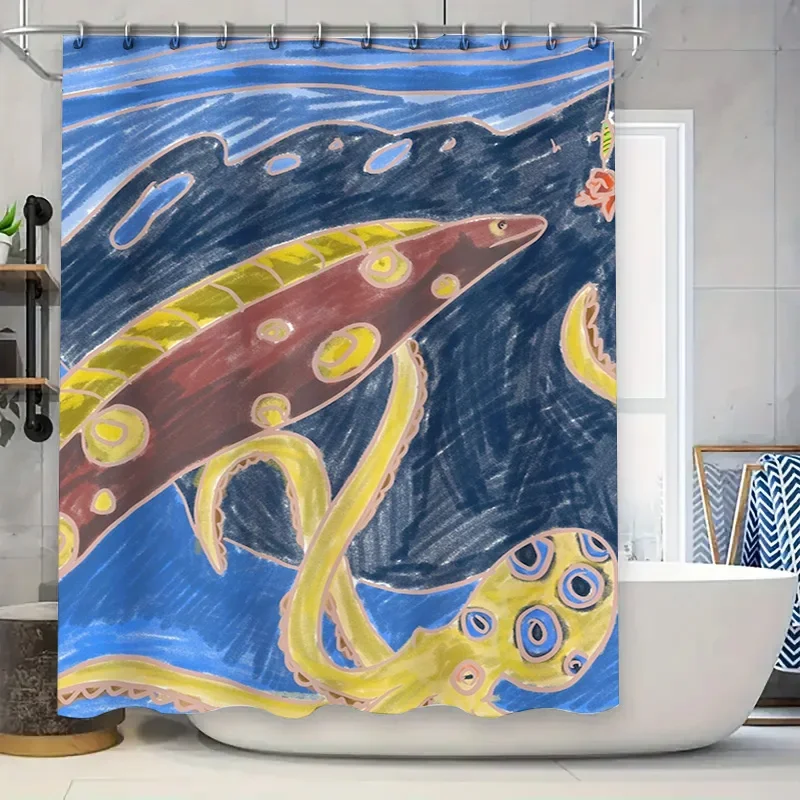 

Ручная роспись занавеска для душа на тему осьминога, дизайн синих океанских волн с красной подводной лодкой, аксессуар для декора ванной комнаты для детской комнаты