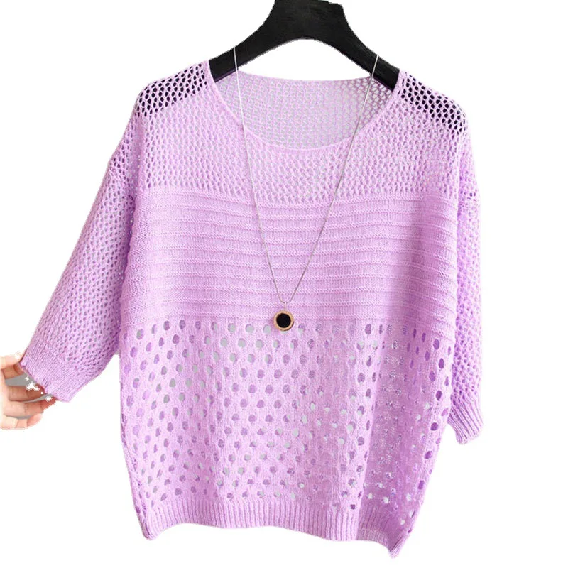 2022 new summer style loose cut out knitwear thin sun protection clothing women\'s round neck knitwear half-sleeved pullover