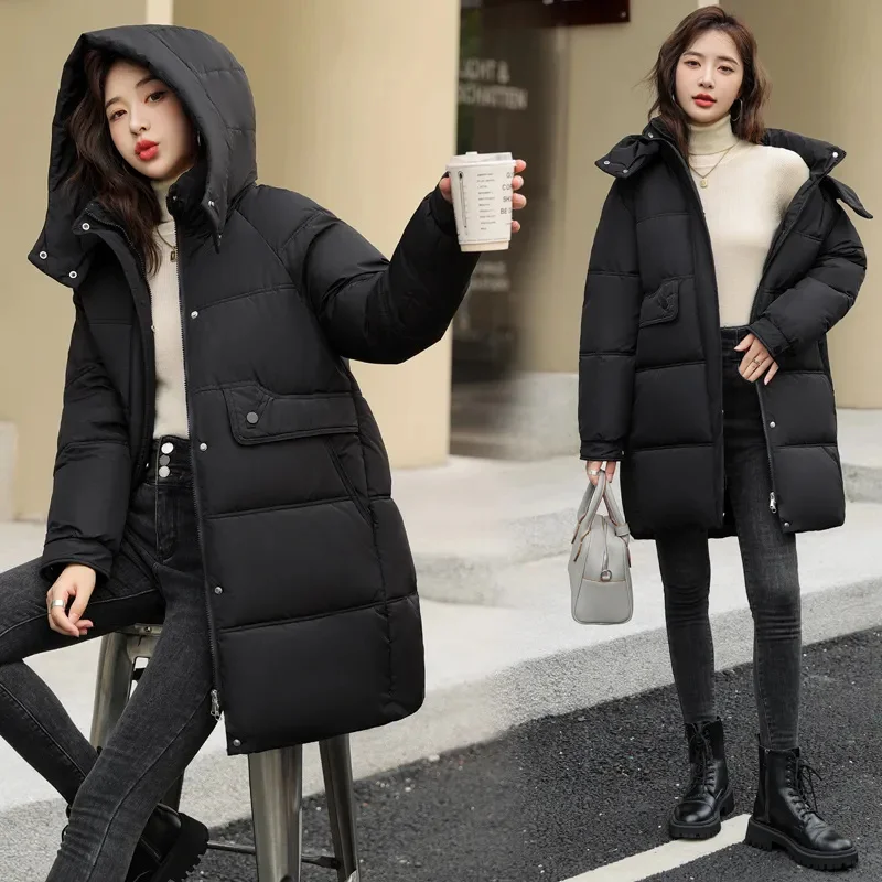 New Winter Women Medium Long Jacket Parkas Female Down Cotton Jackets Solid Hooded Casual Warm Parka Female Outwear Overcoat