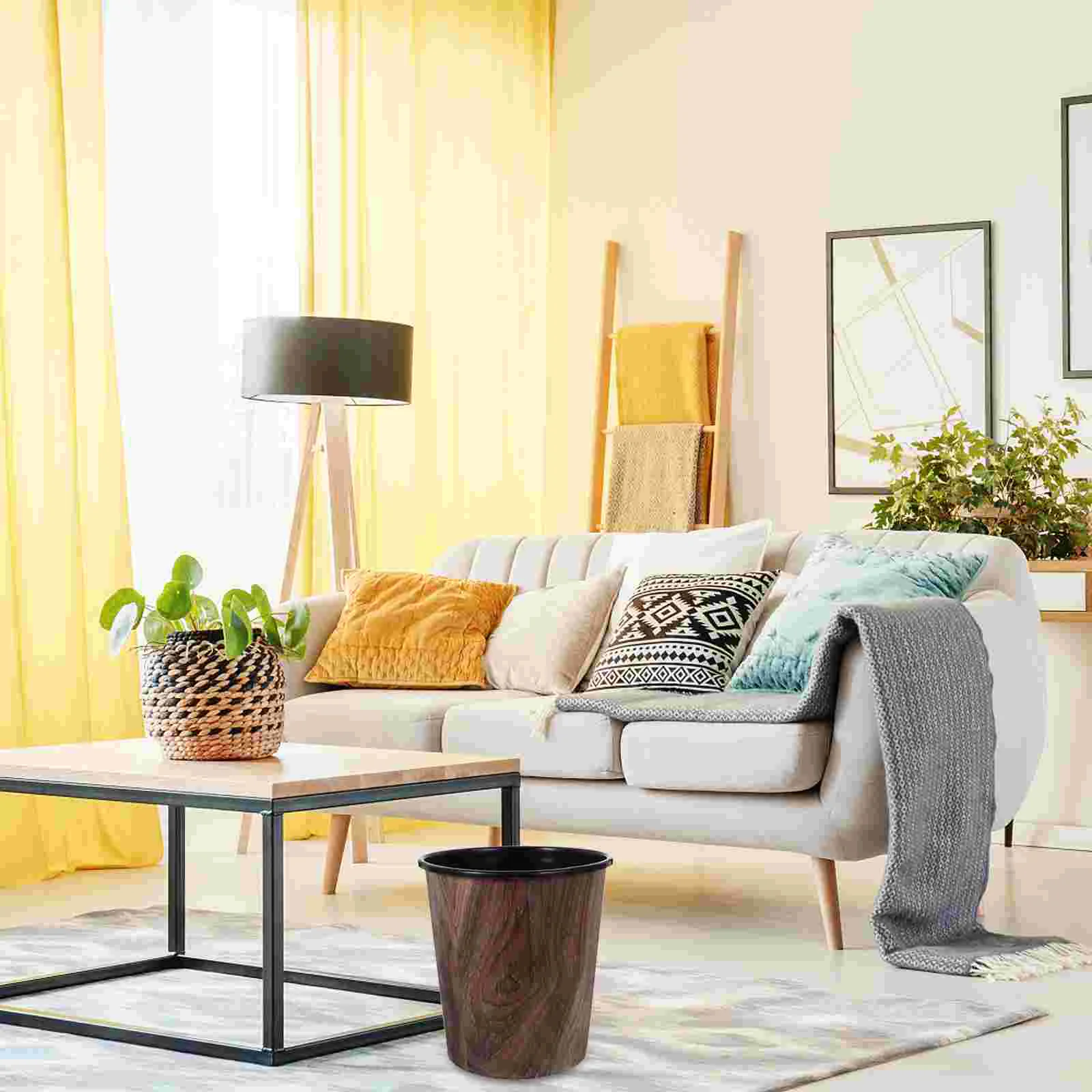 Garbage Cans Retro Imitation Wood Grain Trash Plastic Container Small Room Household Home Office