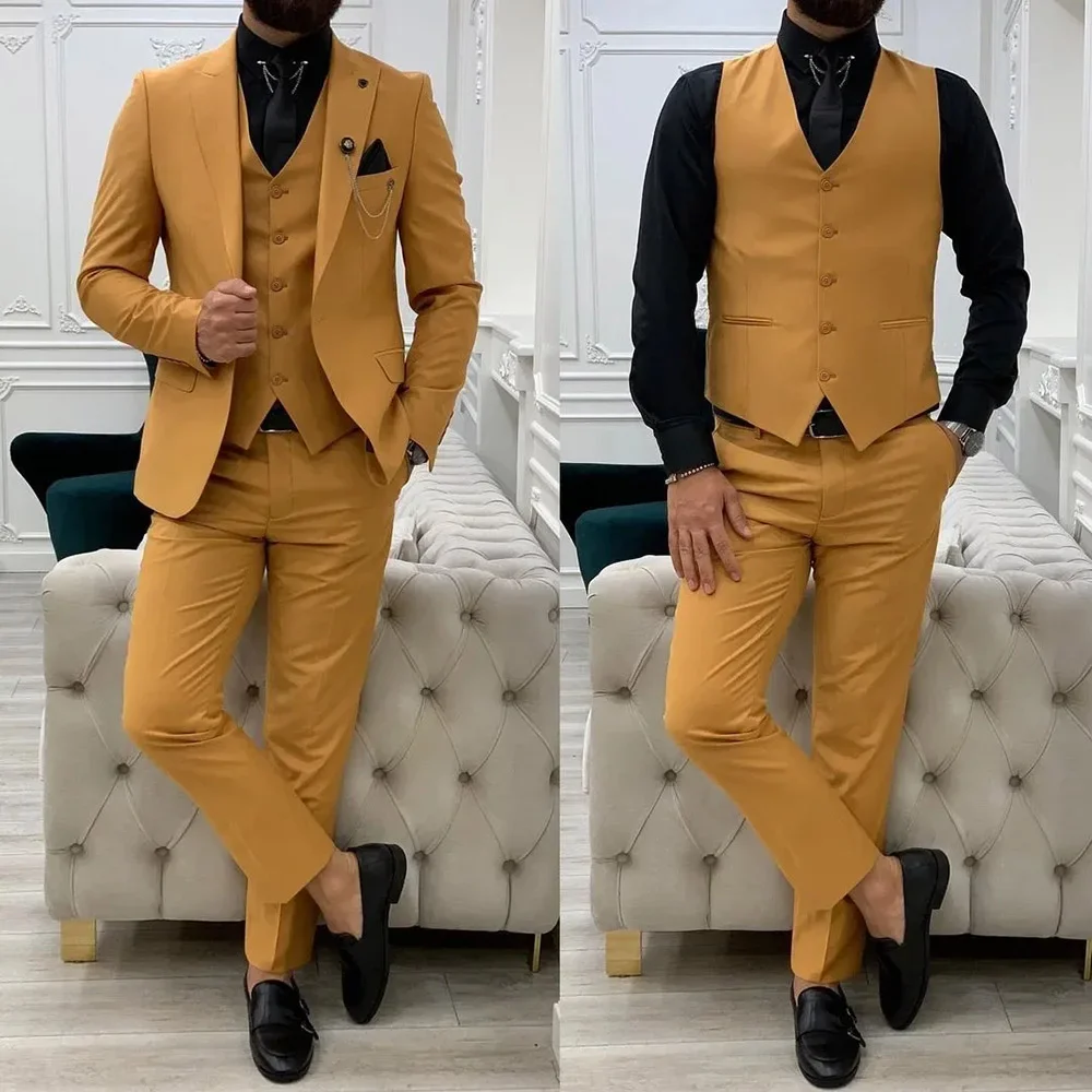 Elegant 3 Piece Jacket Pants Vest Full Sets Single Breasted Peak Lapel Custom Blazer Wedding Groomsmen Men's Suits Blazer