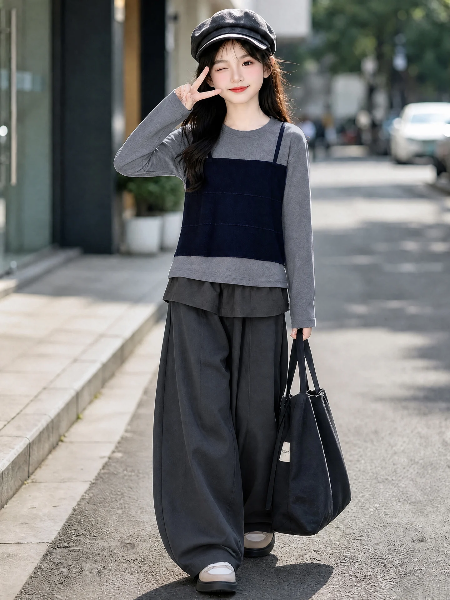 Casual Two-Piece Set for Girls Autumn Fashion Korean Style Long Sleeve T-Shirt And Wide Leg Pants Cotton Elastic Middle Spring