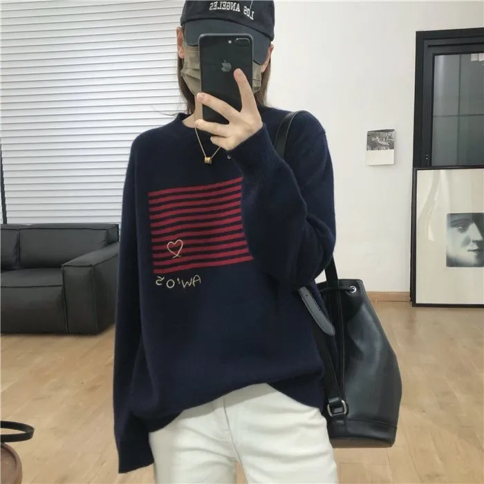 2022 new autumn and winter leisure 100% woolen sweater women\'s creative embroidery O-neck 100% woolen Pullover women\'s loose fas