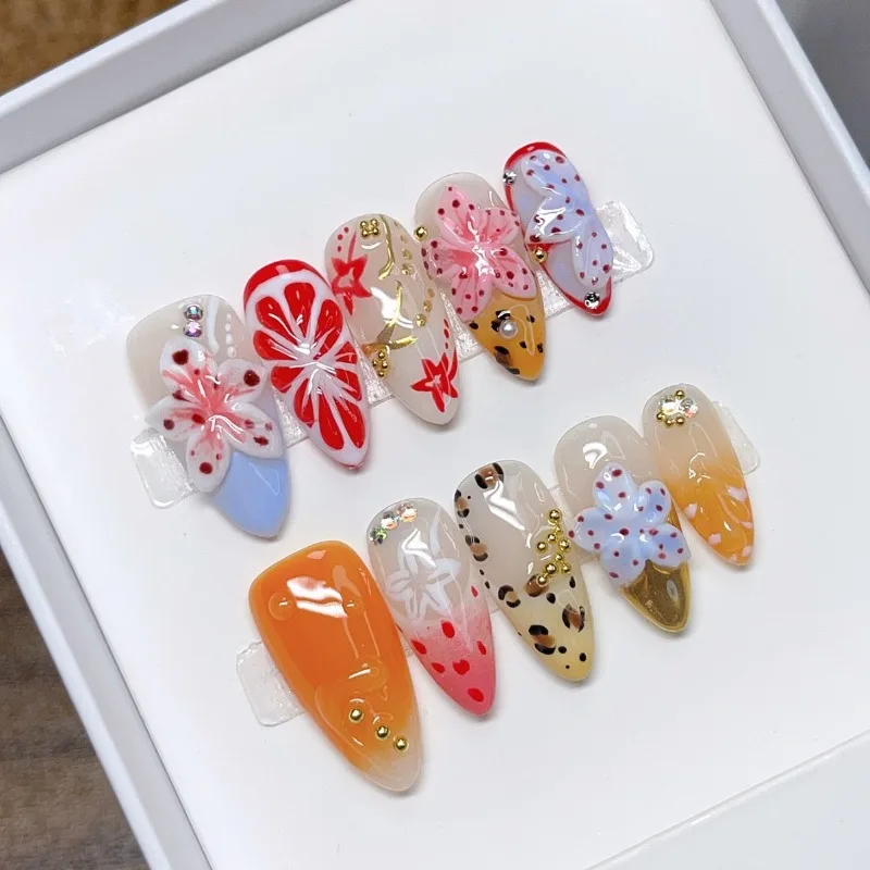 

10PCS Colorful Gradient French Press on Nails Handmade 3D Carved Flowers Orange Almond Fake Nails Leopard Gradient Acrylic Nails