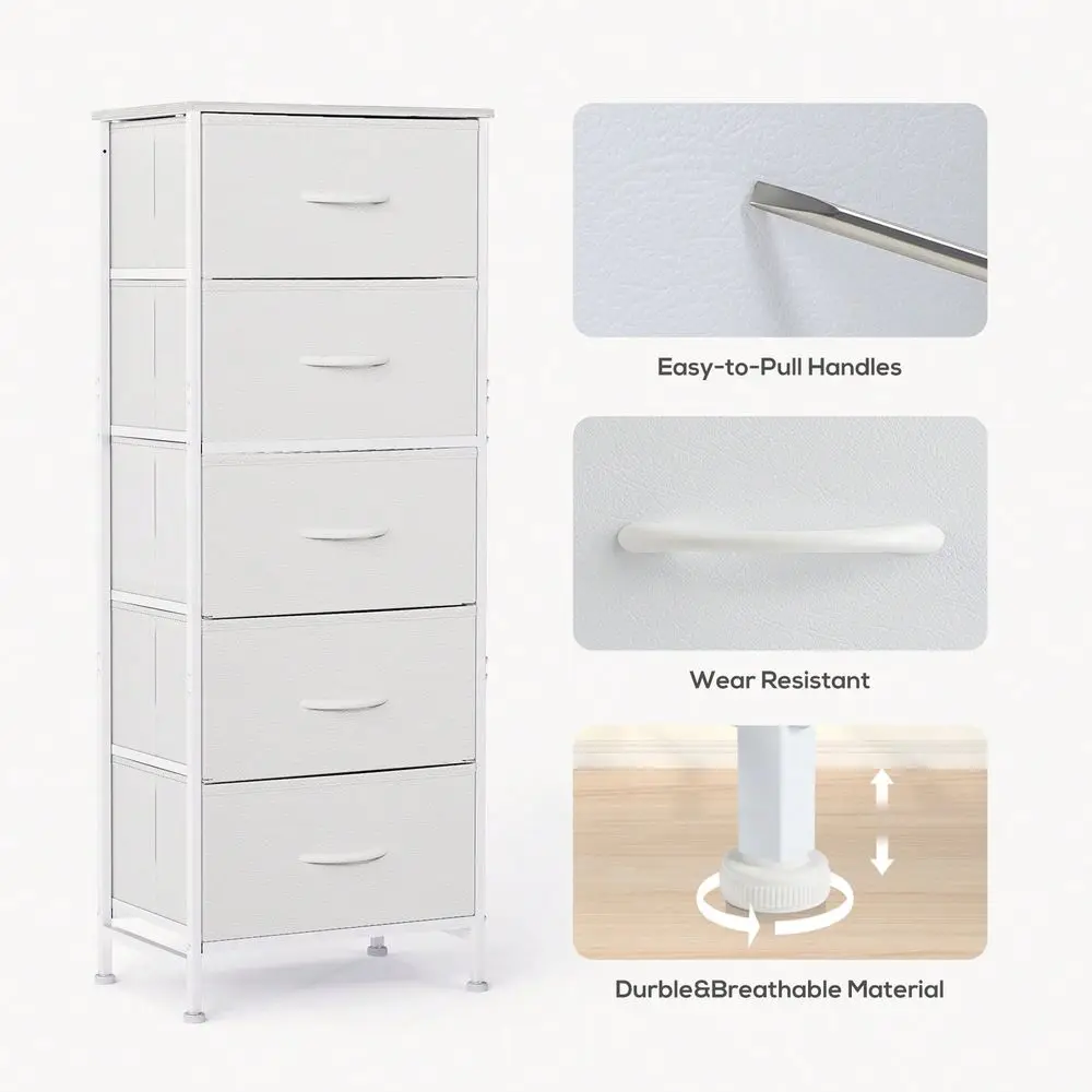

5 Drawer Dresser With Fabric Bins, Sturdy Steel Frame And Wood Top, Storage Organizer Chest For Bedroom, Closet, Hallway, White