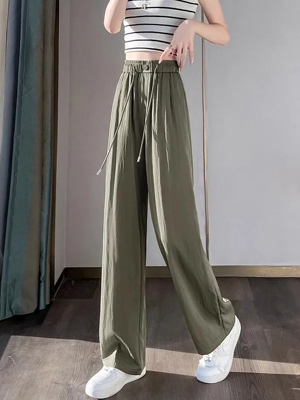 Ice Silk Wide Leg Pants Women's Summer Thin High Waist Slimming Lazy Style Drape Loose Casual Straight Leg Pants