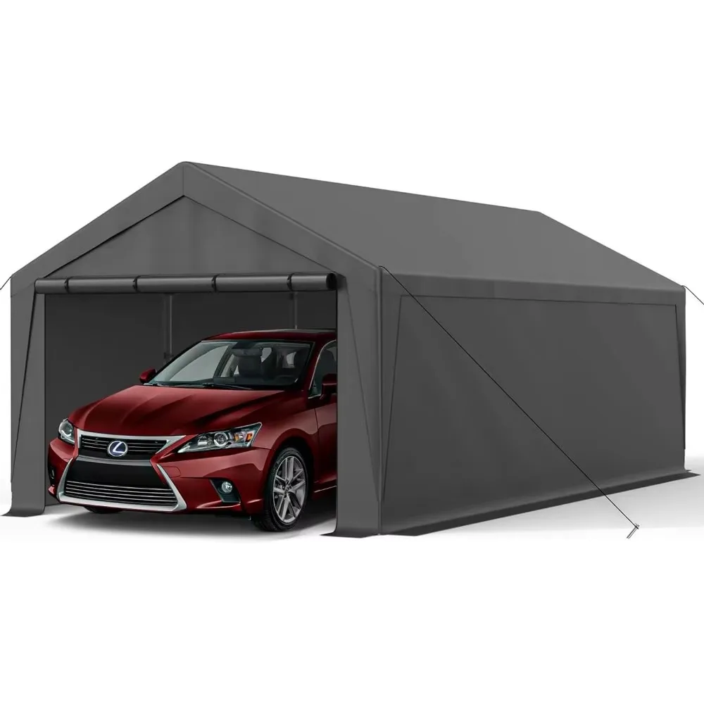 Carport portable d'extérieur avec porte à volet roulant, carport de garage à cadre en métal, 10 × 20 rapDuty, parois latérales parfaites