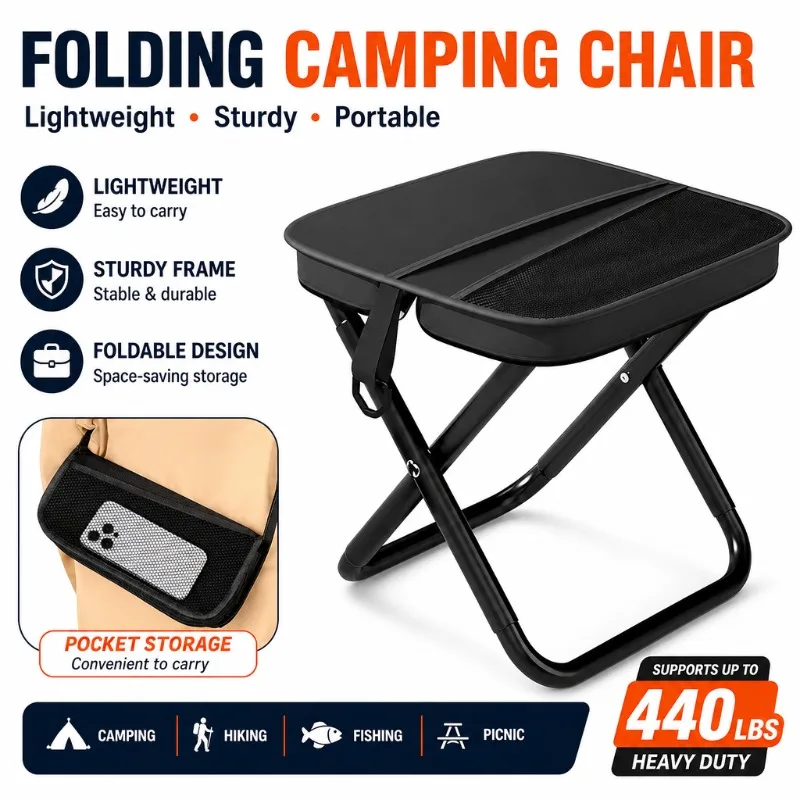 Portable Folding Camping Chair Heavy Duty 440LBS Fishing Stool Lightweight Outdoor Seat With Pocket For Hiking Picnic Travel
