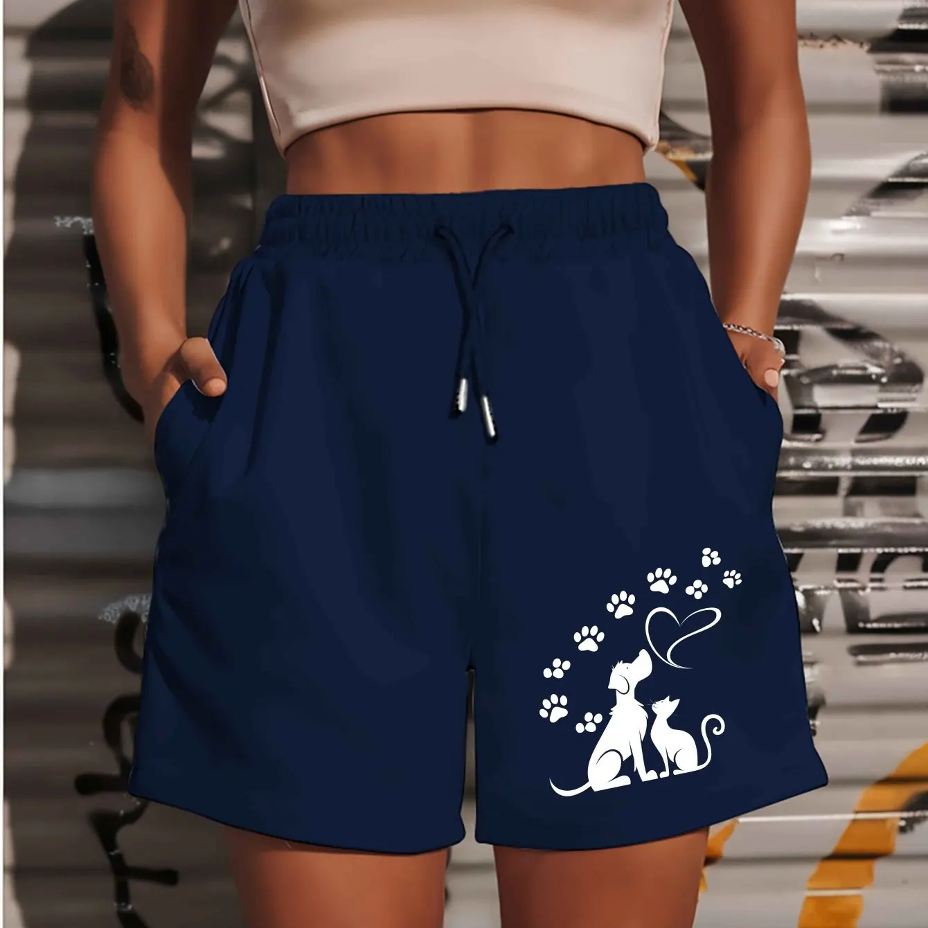 

Women's Plus Size Cat and Dog Pattern Letter Printed Shorts - Cropped Style Summer Beach Pants