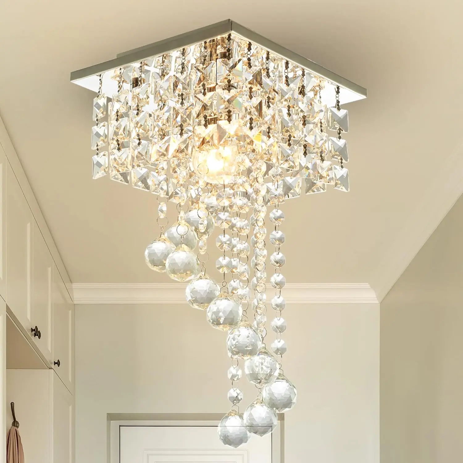 Finktonglan Mini Crystal Chandelier, 7.9" Square Flush Mount Ceiling Light, 1-Light E26, K9 Crystal & Stainless Steel, Modern Ce