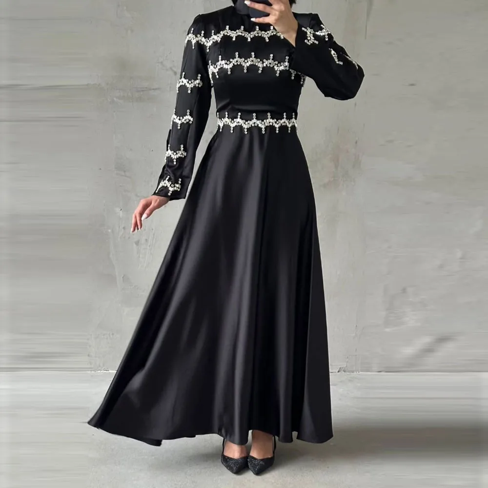 

Customized A-Line Evening Dresses Ankle-Length High-Neck Full Sleeve Prom Gown Simple Fashion Crystal Draped Casual Party Gown