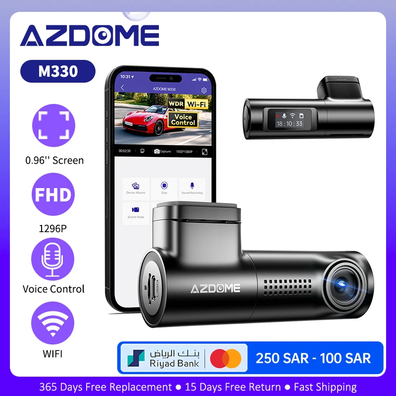 

AZDOME M330 WiFi Dash Cam FHD 1296P Front Dash Camera for Cars Voice Control 0.96" Car Camera WDR Night Vision 24H Parking Mode