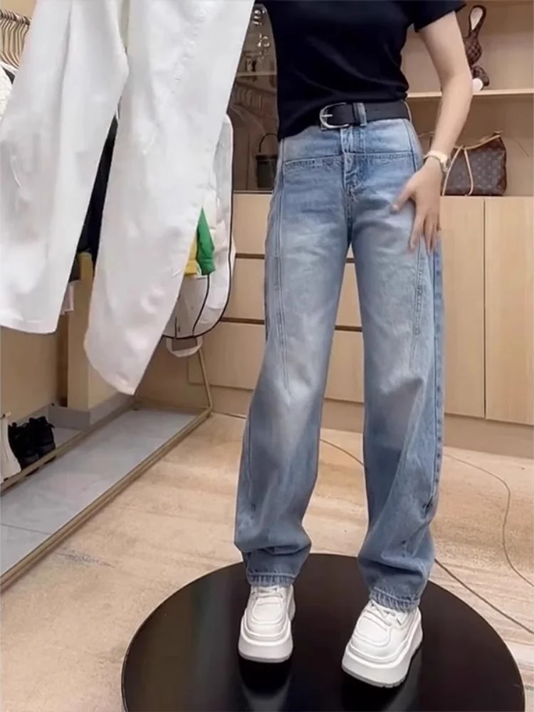 Pantalones vaqueros ajustados de pierna recta para mujer, pantalones informales cómodos con cierre de botón de cintura alta, elásticos, sin hierro, coreanos