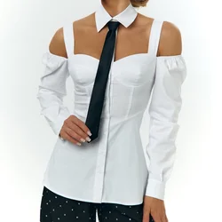 Camisa de manga larga con hombros descubiertos para mujer, Top Sexy de corte bajo con correa Halter, Top blanco para mujer