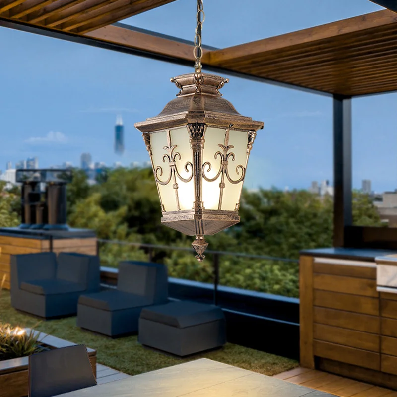 Waterproof Outdoor Porch Pendant Lights With Glass Shade Black Exterior Pendant Light Vintage Bronze Hanging Lanterns Industrial