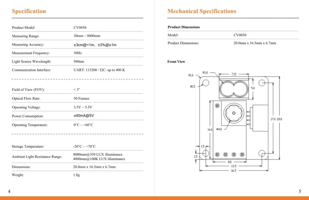 Picture 6: UAV dToF 8m Infrared Optical Stream Ranging Module UART I2C Protocol Fixed Height Obstacle Avoidance Rangefinder