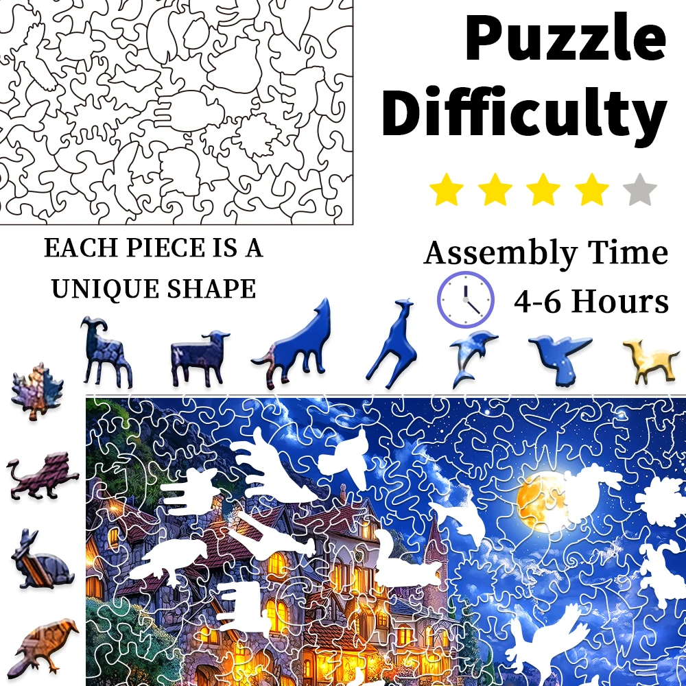 Maanverlichte houten puzzel van kustkasteel met unieke stukjes in de vorm van een dier, uitdagende puzzel voor volwassenen, ideaal cadeau en thuis D
