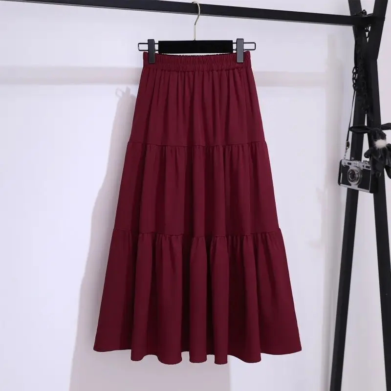 Versatile Elastic Waist Mid Length Cake Skirt Spring/Summer New Big Swing A-line Skirt High Waist Hundred Pleats Half Skirt